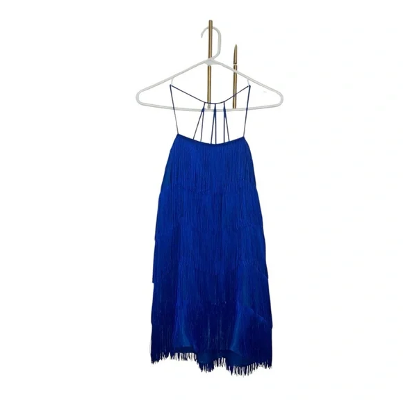 Zara Cobalt Blue Fringe Mini Dress Flapper western Festive Holiday Party Dress - Picture 5 of 9